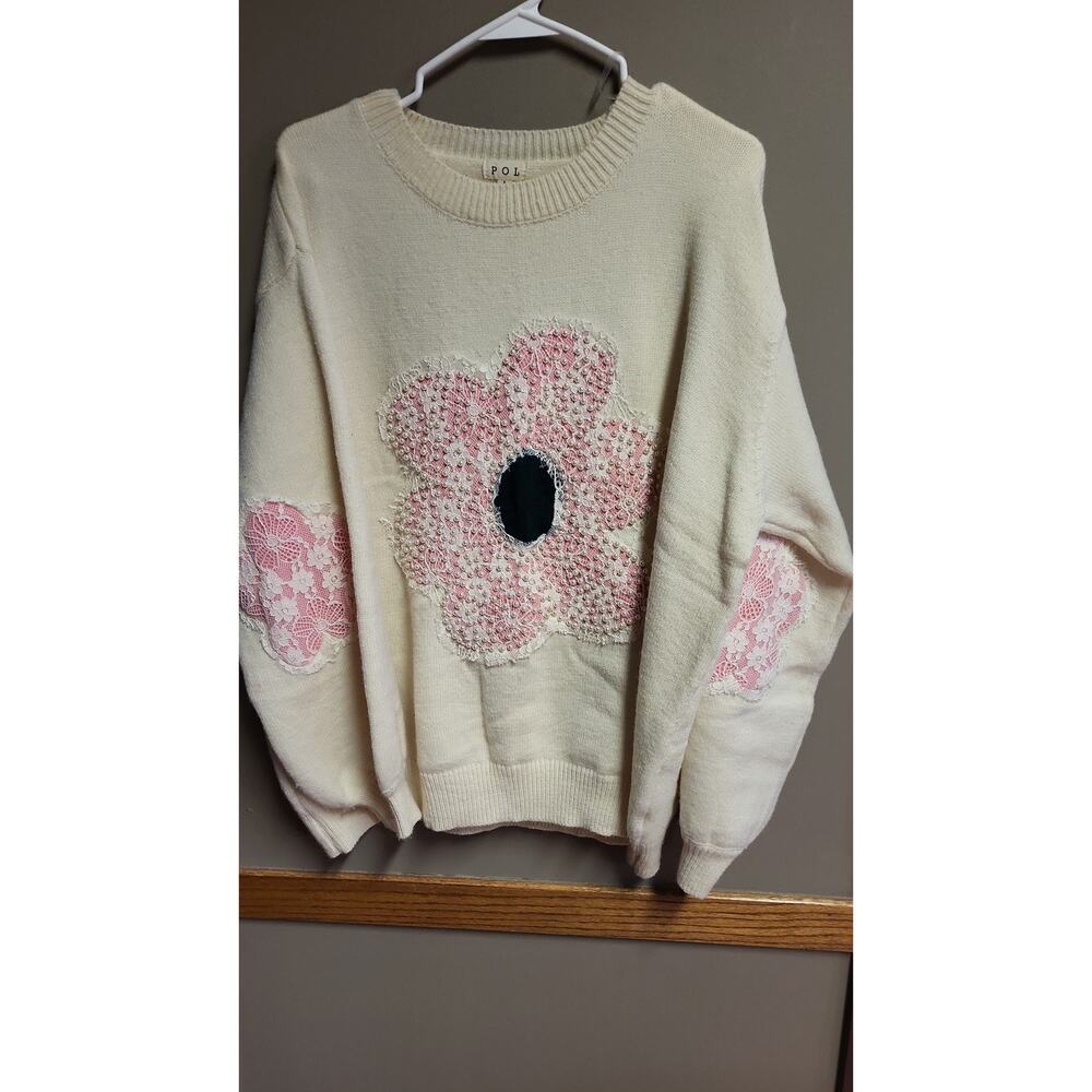 POL Bold Flower Beaded Pink Cream Oversized Sweater